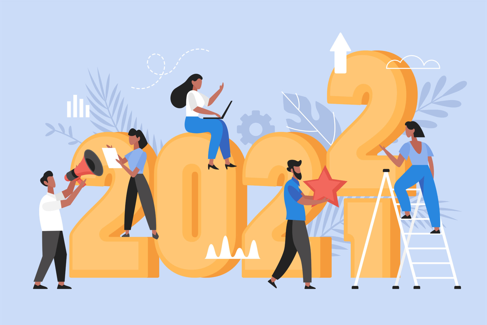 New Year 2022 trends, plans and growth business concept.  Modern vector illustration of people for web design